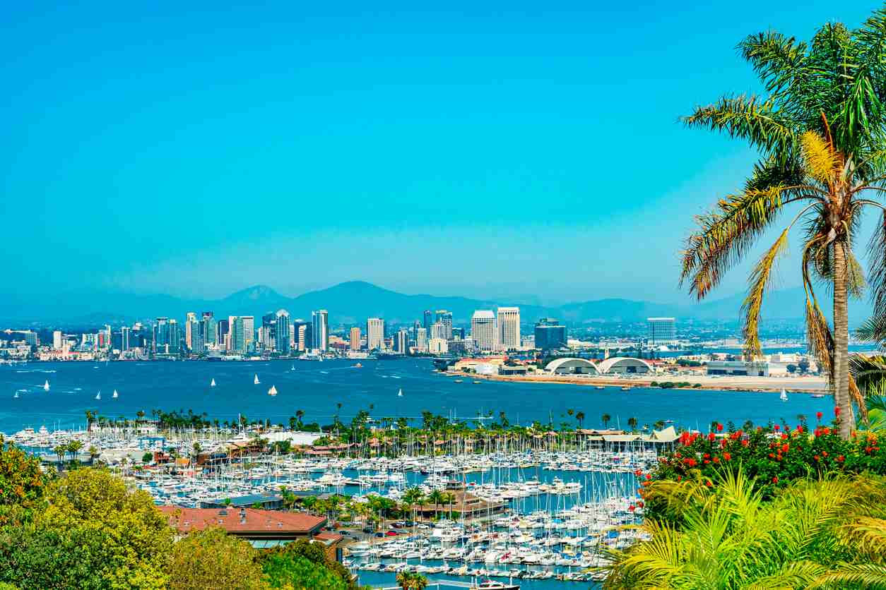 A skyline of San Diego with a marina, beaches, and skyscrapers.