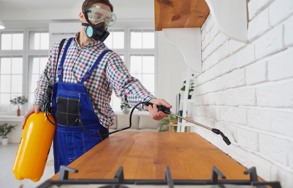 A person wearing a protective mask, goggles, and overalls demonstrates the termite treatment process by spraying pesticide on a wooden kitchen countertop near a white brick wall.