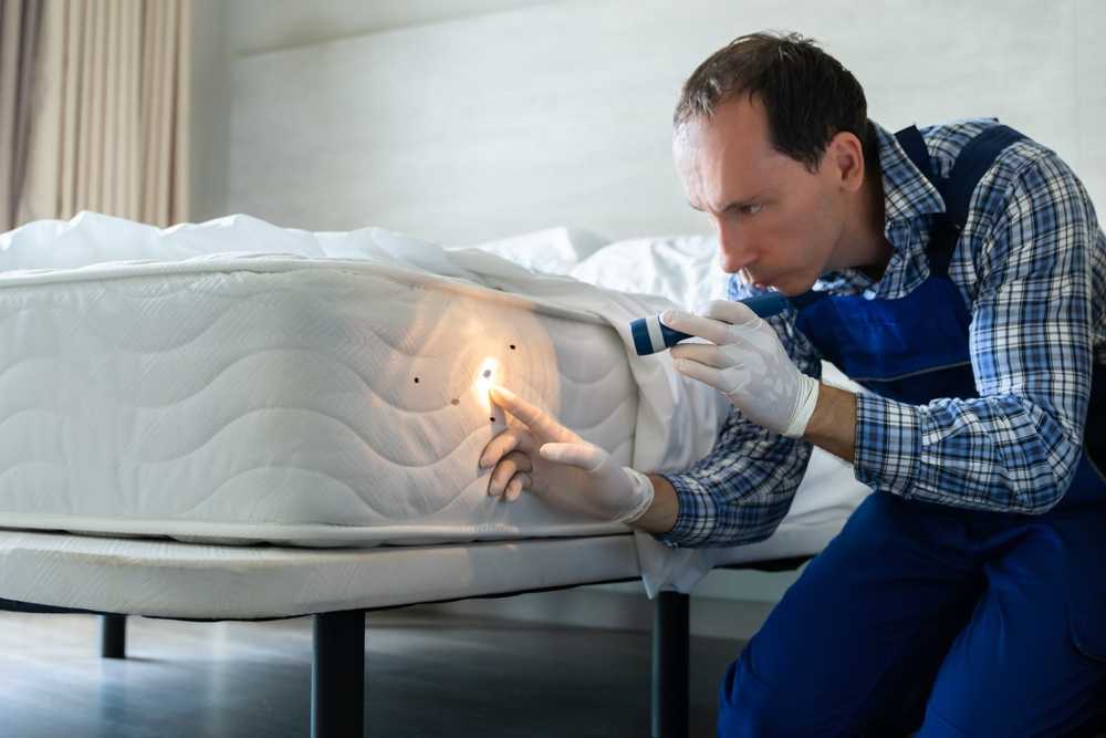 A man wearing gloves and overalls inspects a mattress with a flashlight, focusing on dark spots along the side, suggesting a bed bug exterminator performing pest control in a bedroom setting.