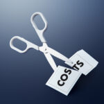 A pair of scissors cuts a piece of paper with "COSTS" printed on it, symbolizing budget tips for cost reduction or cutting expenses, against a plain gradient blue background.