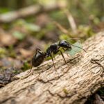 A close-up of a black ant, known for whether ants bite or sting, carrying a green piece of leaf while walking on a textured piece of wood on the forest floor, with blurred foliage in the background.